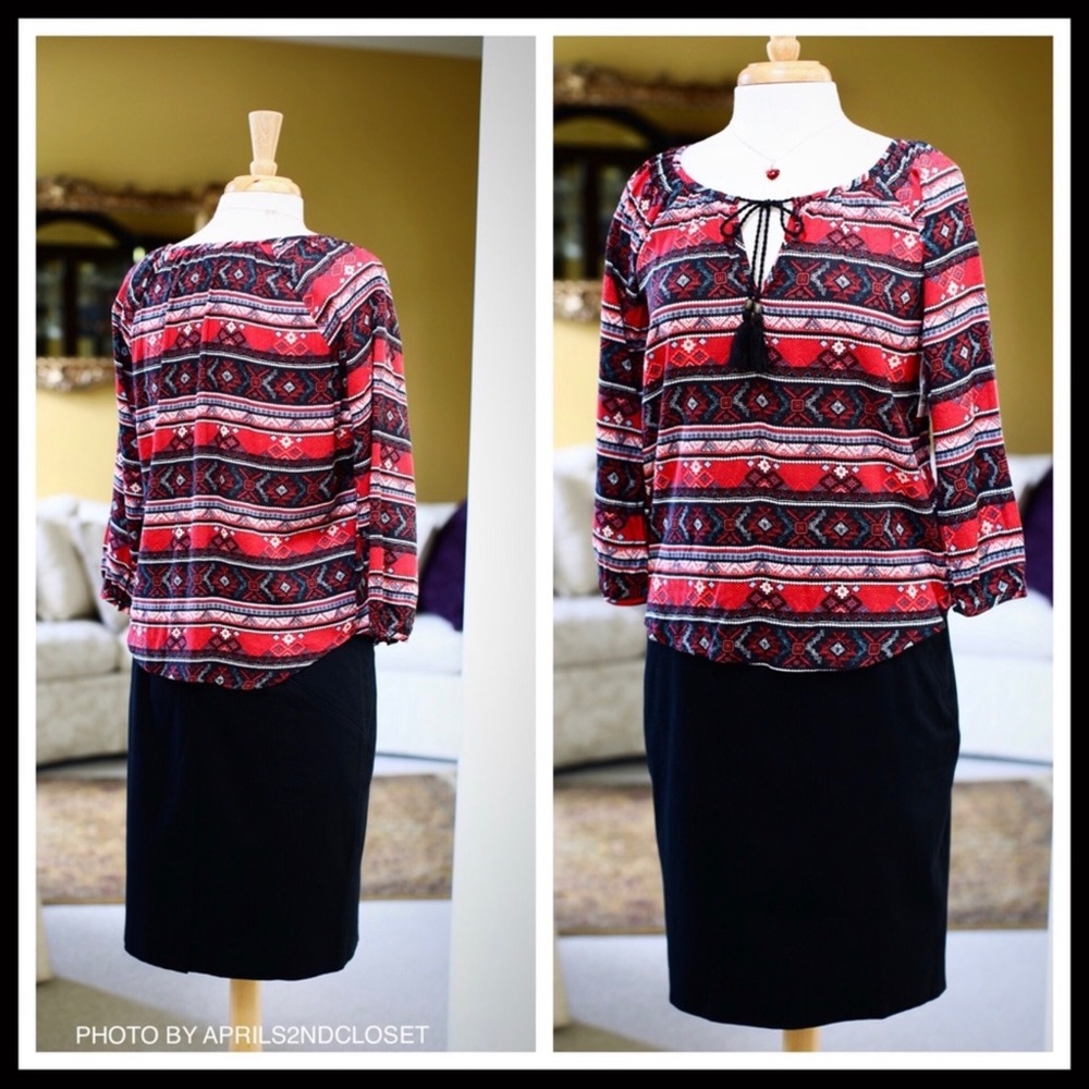 BOHO PRINT PULLOVER BLOUSE PEASANT TUNIC TOP - Picture 6 of 8